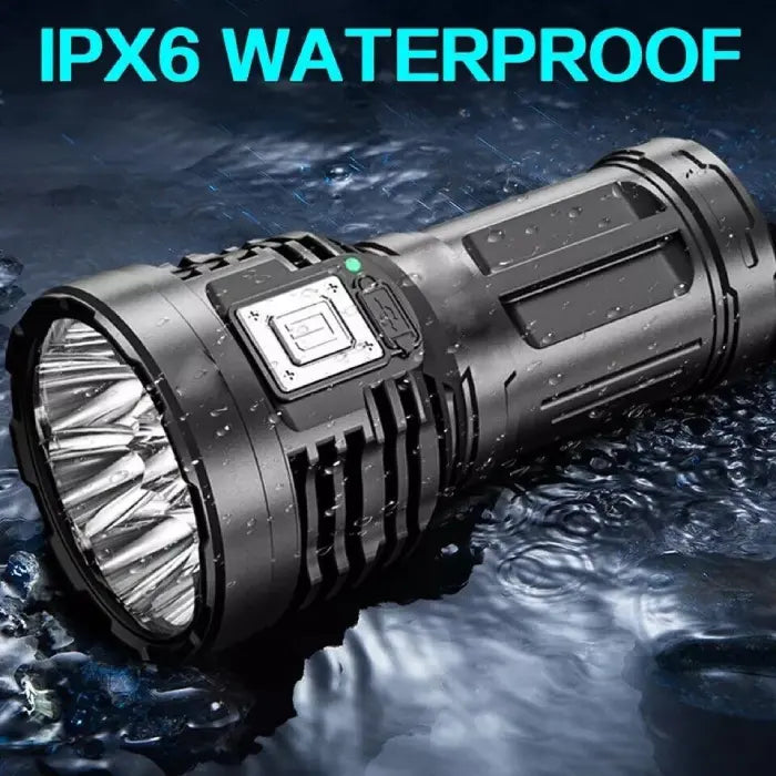 Waterproof flash light shown in water with IPX6 rating and durable, weather-resistant casing.