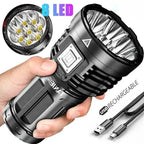 Waterproof flash light with 8 LED bulbs, USB rechargeable, rugged design for outdoor use.