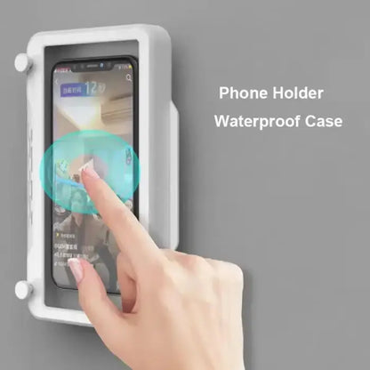 White waterproof phone case mounted on wall, demonstrating touchscreen functionality through transparent cover.