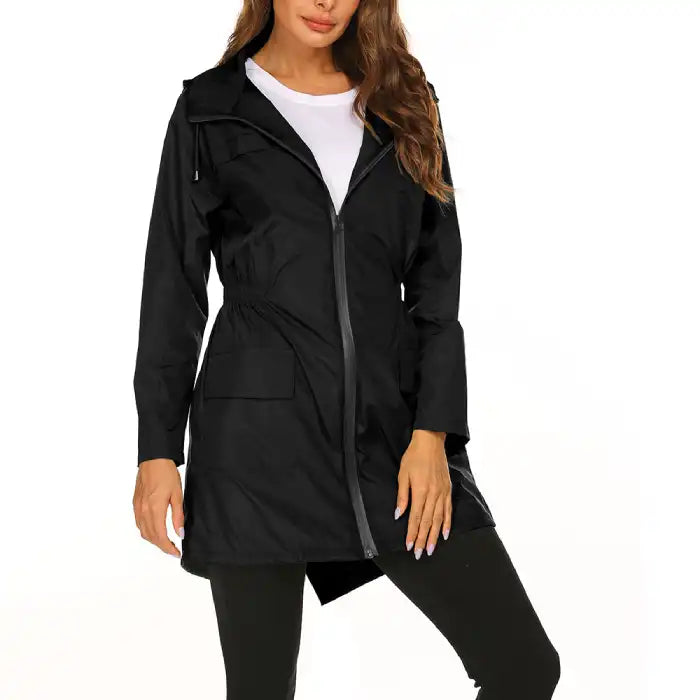 Waterproof Raincoat black hooded women’s jacket with front pockets and full zip design.
