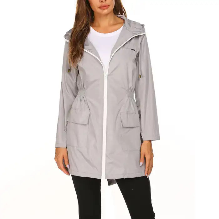 Waterproof Raincoat grey hooded women’s jacket with front pockets and contrasting zipper.