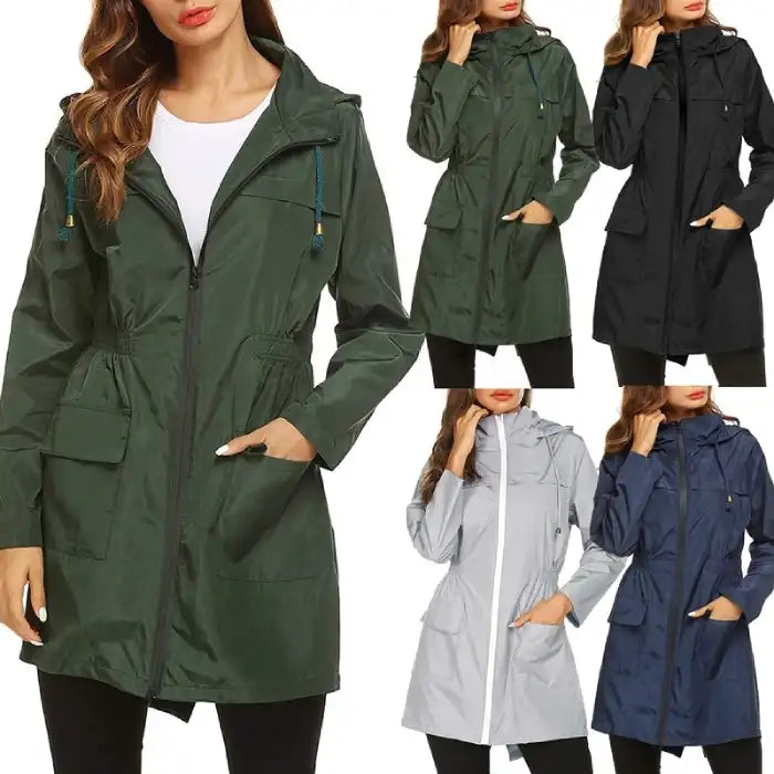 Waterproof Raincoat women’s hooded lightweight jacket in multiple colors with front pockets and zip closure.