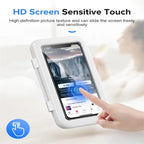 waterproof shower phone holder with touch screen showing hd display use, featuring sensitive touch panel for easy bathroom control
