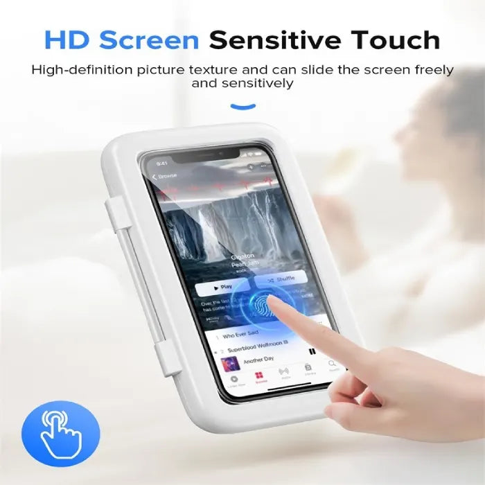 waterproof shower phone holder with touch screen showing hd display use, featuring sensitive touch panel for easy bathroom control