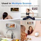 waterproof shower phone holder with touch screen shown in multiple scenes including bath, kitchen, yoga and vanity for versatile everyday use