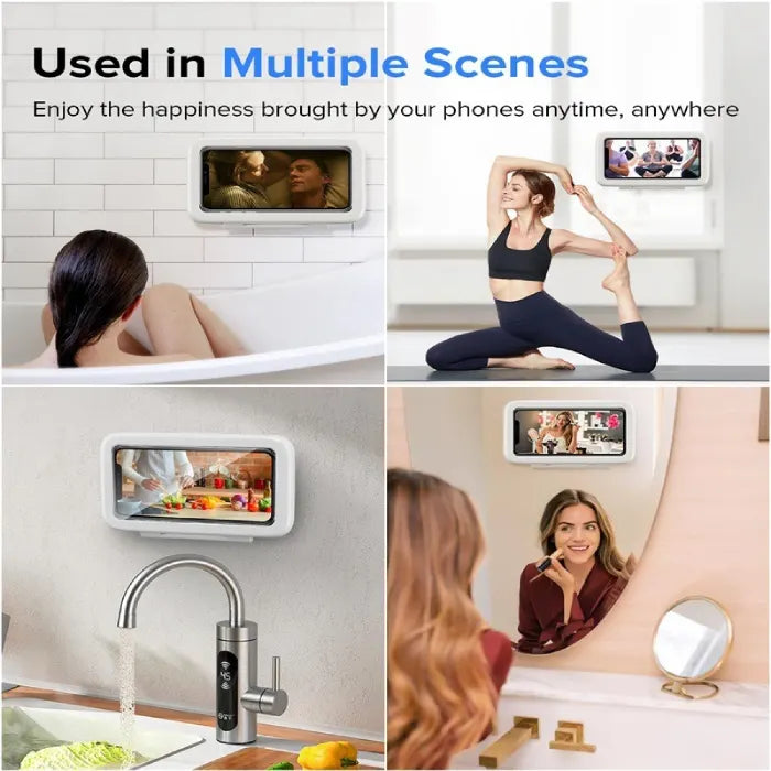 waterproof shower phone holder with touch screen shown in multiple scenes including bath, kitchen, yoga and vanity for versatile everyday use