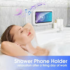 waterproof shower phone holder with touch screen mounted near bathtub showing music playback for relaxing and convenient bath-time enjoyment