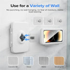 waterproof shower phone holder with touch screen demonstrating no-drill wall mounting on tile, glass, metal and wood surfaces for stability