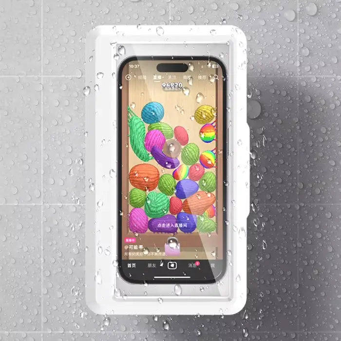 Waterproof smartphone case with shower mount, displaying colorful app interface, perfect for entertainment during bathing routines