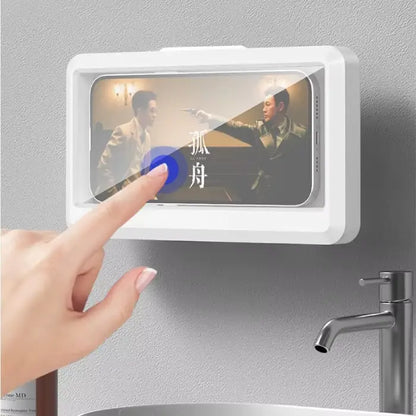 Waterproof touchscreen device mounted on bathroom wall, displaying video content and interactive features for enhanced shower experience