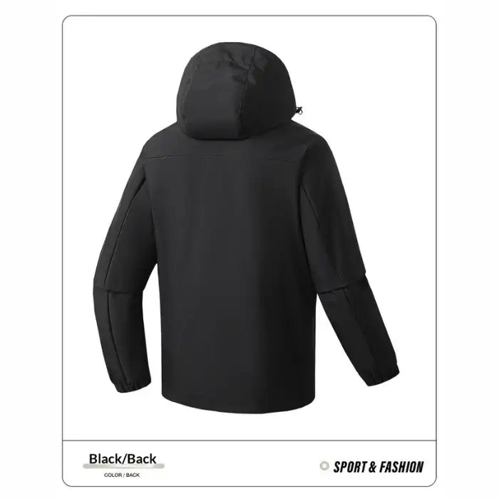  Waterproof windproof softshell jacket with fleece liner in black, back view displaying hood and silhouette.