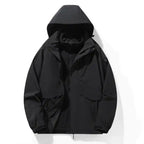 Waterproof windproof softshell jacket with fleece liner in black, front view with hood and zipper details.