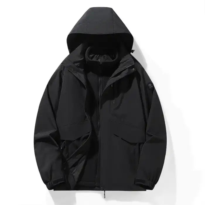 Waterproof windproof softshell jacket with fleece liner in black, front view with hood and zipper details.