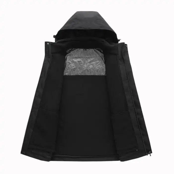 Waterproof windproof softshell jacket with fleece liner, black version showing breathable mesh inner lining.