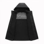 Waterproof windproof softshell jacket with fleece liner, black version showing breathable mesh inner lining.