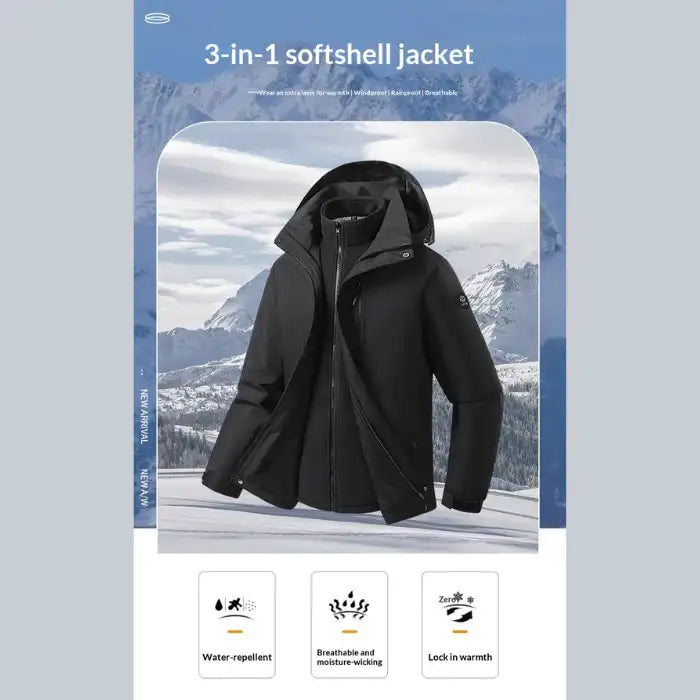  Waterproof windproof softshell jacket with fleece liner, black version in snowy mountain outdoor environment.