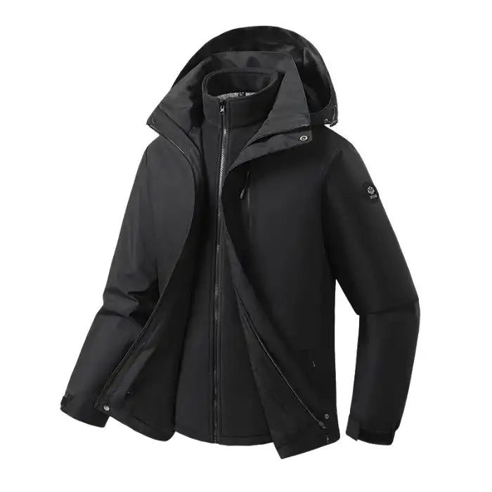 Waterproof windproof softshell jacket with fleece liner in black, side profile showing functional design.