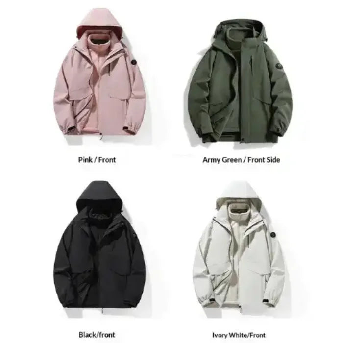 Waterproof windproof softshell jacket with fleece liner in pink, army green, black, and ivory white colors.