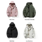 Waterproof windproof softshell jacket with fleece liner in pink, army green, black, and ivory white colors.