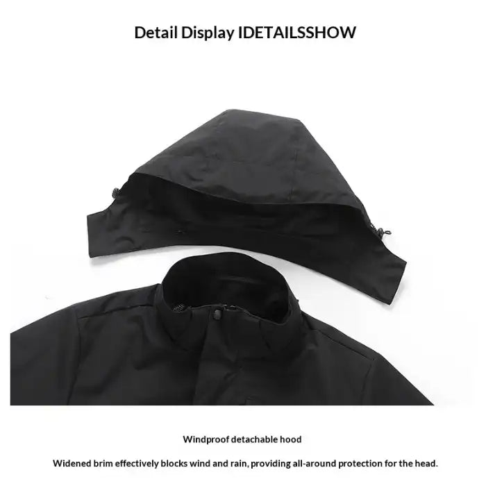 Waterproof windproof softshell jacket with fleece liner, detachable hood with wide brim for full protection.