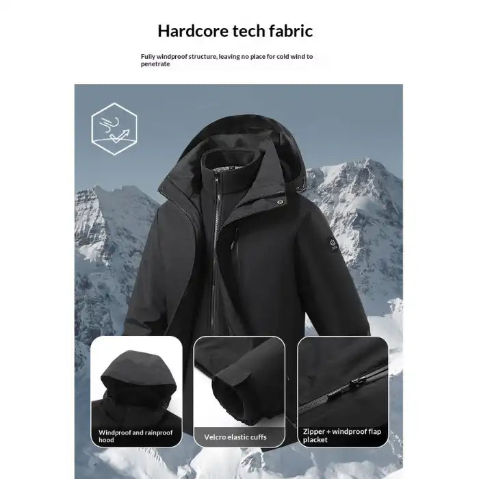  Waterproof windproof softshell jacket with fleece liner features, showing hood, velcro cuffs, and zipper details.