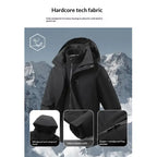  Waterproof windproof softshell jacket with fleece liner features, showing hood, velcro cuffs, and zipper details.