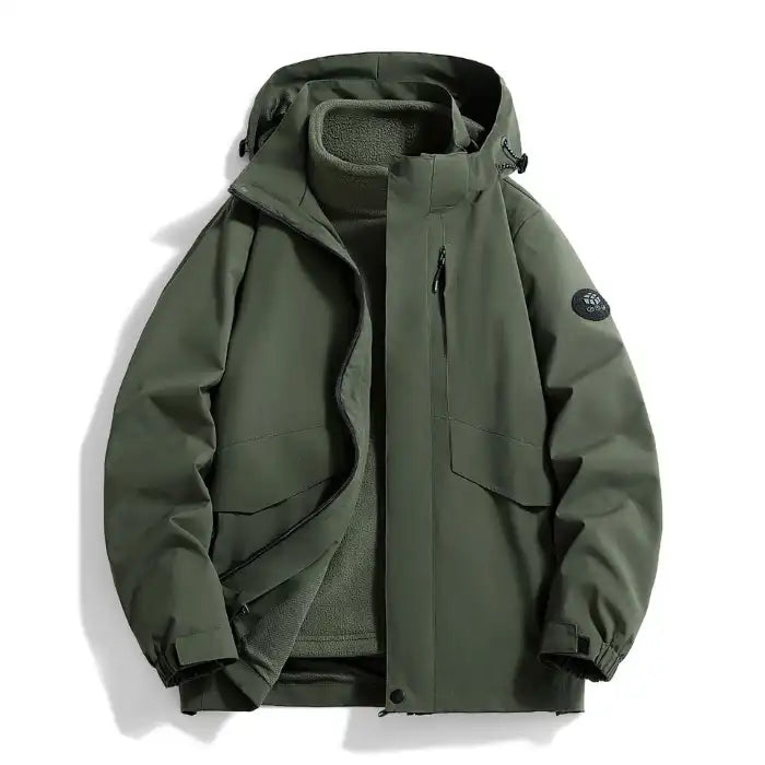  Waterproof windproof softshell jacket with fleece liner in army green, front angle view for outdoor activities.