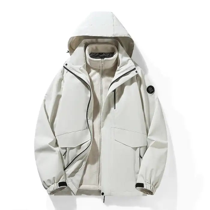  Waterproof windproof softshell jacket with fleece liner in ivory white, front view showing hood and zipper details