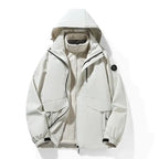  Waterproof windproof softshell jacket with fleece liner in ivory white, front view showing hood and zipper details