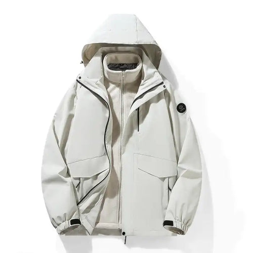  Waterproof windproof softshell jacket with fleece liner in ivory white, front view showing hood and zipper details