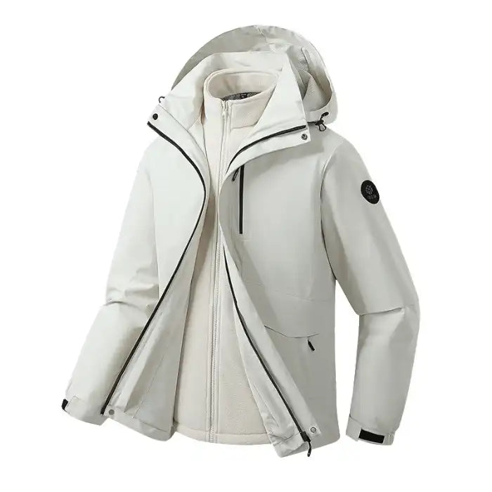 Waterproof windproof softshell jacket with fleece liner in ivory white, side profile highlighting sleek design.