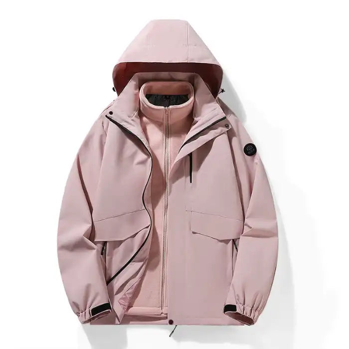  Waterproof windproof softshell jacket with fleece liner in pink, front view highlighting practical pocket design.