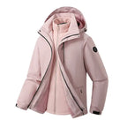 Waterproof windproof softshell jacket with fleece liner in pink, side view showing zipper and hood details.