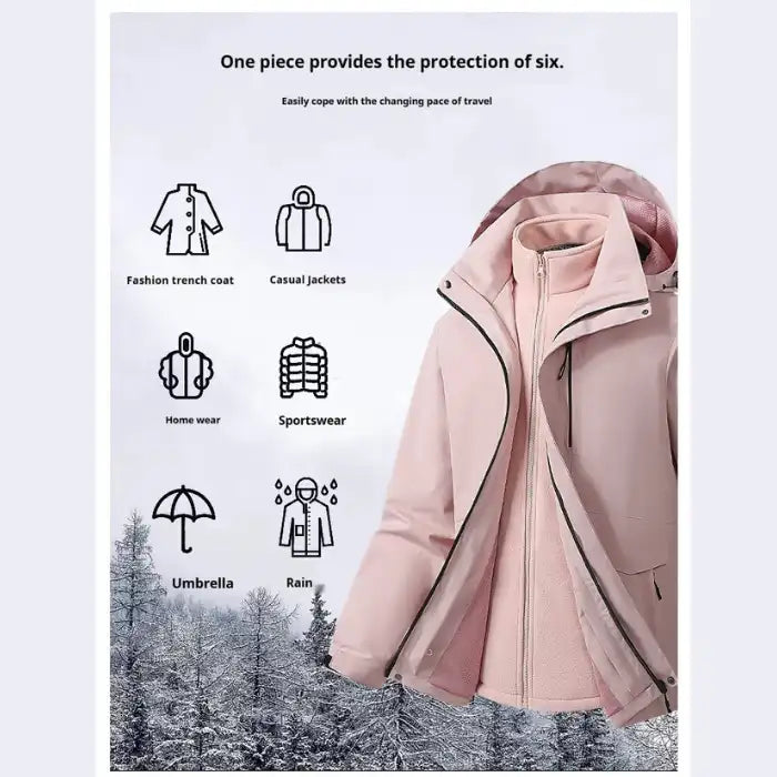  Waterproof windproof softshell jacket with fleece liner in pink, versatile protection for multiple occasions.