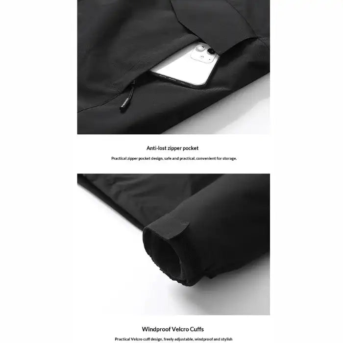  Waterproof windproof softshell jacket with fleece liner, adjustable velcro cuffs and secure zipper pocket.