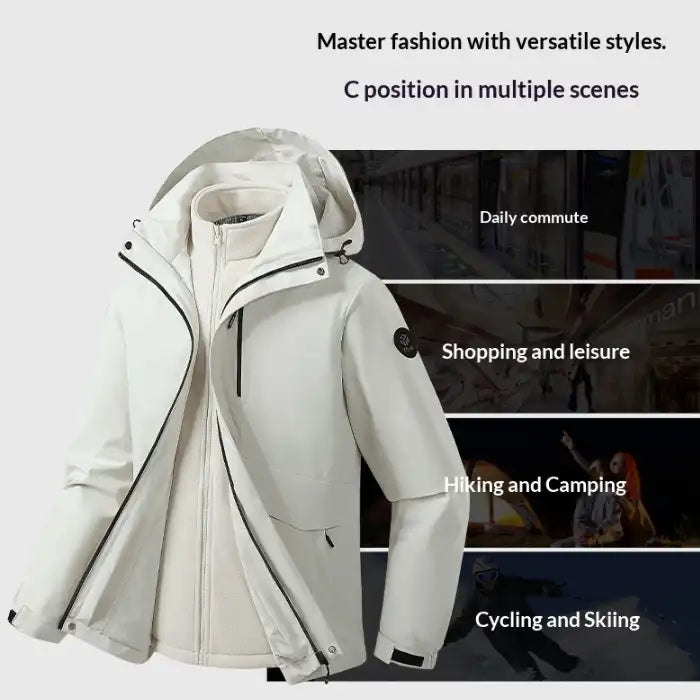 Waterproof windproof softshell jacket with fleece liner for commuting, shopping, hiking, and outdoor adventures.