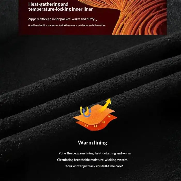  Waterproof windproof softshell jacket with fleece liner, thermal inner lining detail for warmth and insulation.