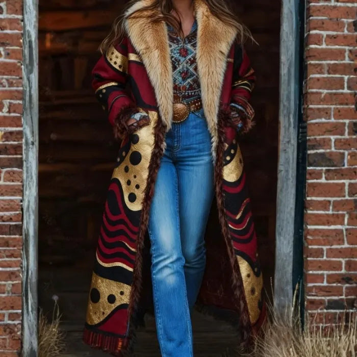 Western-style faux fur trimmed coat in red and gold swirl design paired with blue jeans and rustic wood cabin.
