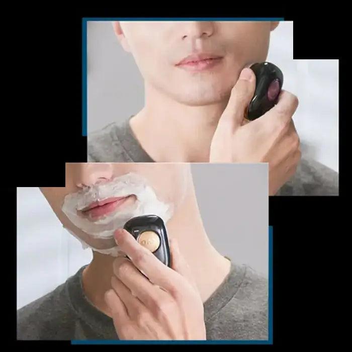 Split image showing dry and wet shaving methods, person using electric shaver on face and neck with foam