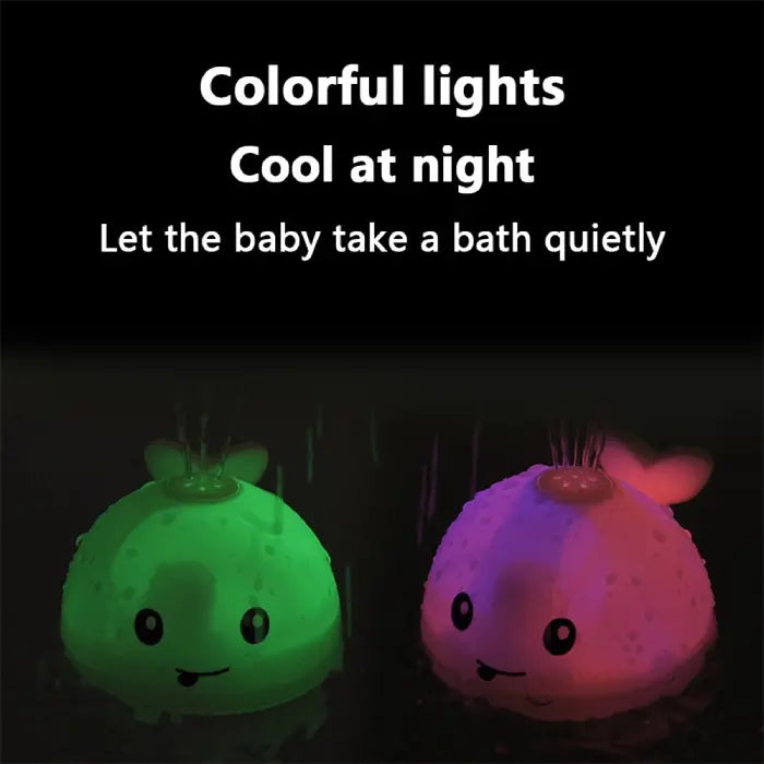 Whale bath toy spraying water on a beach background with tropical scenery and cartoon rabbit.