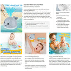 Whale bath toy with induction spray feature entertaining a smiling baby in the tub.