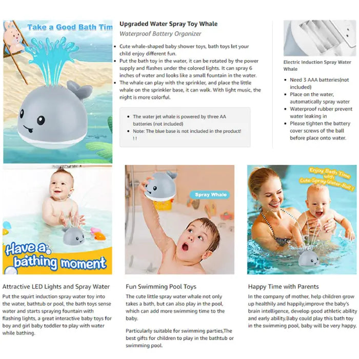 Whale bath toy with induction spray feature entertaining a smiling baby in the tub.