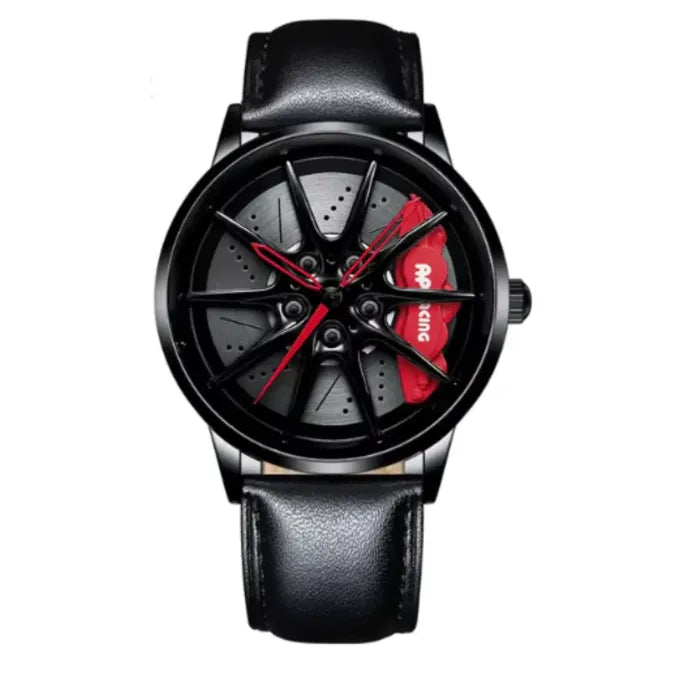 Elegant black watch with wheel-inspired dial design, red accents, and perforated details on a leather strap white background