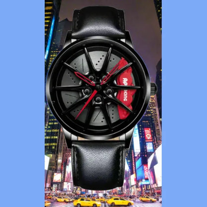 Elegant black watch with wheel-inspired dial design, red accents, and perforated details on a leather strap