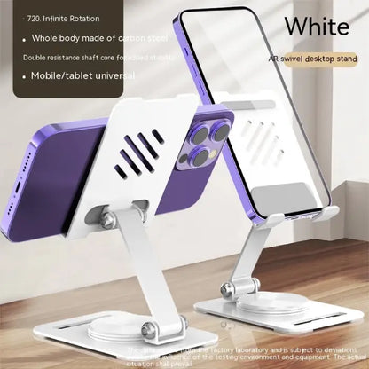 White version of phone stand with purple iPhone showing swivel mechanism and ventilation design