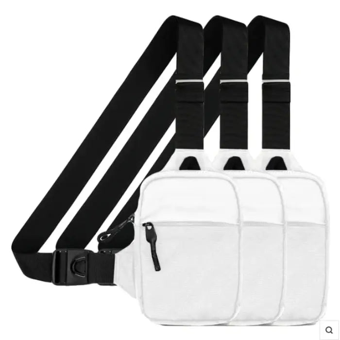 White chest bag with black adjustable straps, multiple compartments, and zipper closures for versatile wear