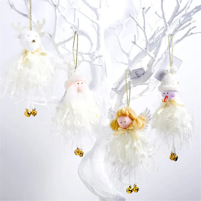 white christmas ornaments hanging on white tree, plush santa angel snowman reindeer with bells for neutral holiday decor