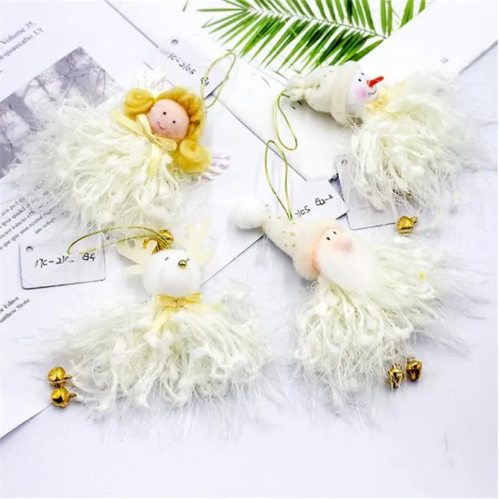 white christmas ornaments set flat lay, plush santa angel snowman reindeer with gold bells, neutral decor for gift ideas
