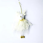 white christmas ornaments reindeer plush with gold bells and fluffy white skirt, hanging decor for neutral holiday style
