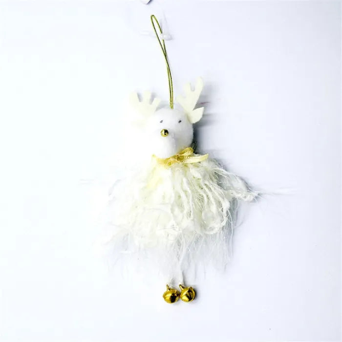 white christmas ornaments reindeer plush with gold bells and fluffy white skirt, hanging decor for neutral holiday style